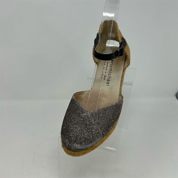 Eric Michael Silver Espadrille Ankle Strap Wedge Sandals Size 37 Summer Casual - Picture 2 of 13